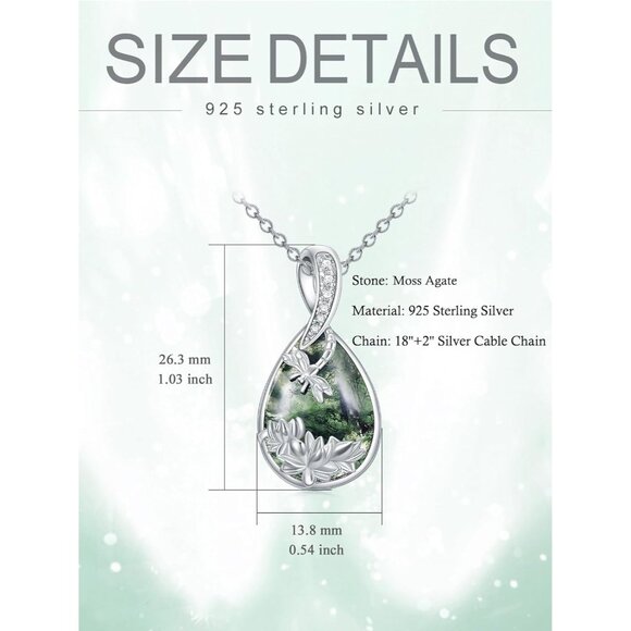 Sterling Silver Moss Agate Dragonfly Necklace with Lotus, 18 Plus 2 Inch Ext, Wo - Picture 5 of 6